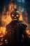 Halloween pumpkin scarecrow surrounded by Jack o Lanterns burning in flames and fire. Ai Generative illustration