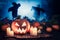 Halloween pumpkin with scarecrows on the field and fog