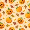 Halloween pumpkin seamless pattern with oak leaves. Cute halloween pumpkin pattern background. Halloween theme