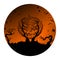 Halloween Pumpkin Shaped Tree Silhouette. Bats flying against the background of the orange sky.
