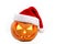 Halloween pumpkin shiny inside wearing christmas hat on white ba