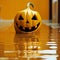 a halloween pumpkin sitting in a flooded room