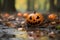 a halloween pumpkin sitting in a puddle of water