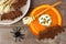 Halloween pumpkin soup with witches broom and bat bread snacks