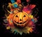 A halloween pumpkin with a spooky face surrounded by colorful leaves. Generative AI image.