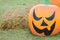 Halloween Pumpkin statue on grass in farm