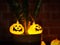 Halloween pumpkin string lights glowing in snake plant pot. Halloween decoration concept