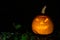 Halloween pumpkin on a tree stump on a dark night