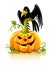 Halloween pumpkin vegetable with black raven bird