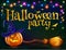 Halloween pumpkin and witch broom on dark background with colorful lamps garland, vector party flyer template