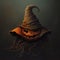 Halloween pumpkin with witch hat on dark background. 3d illustration