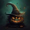 Halloween pumpkin with witch hat on dark background. 3D rendering