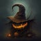 Halloween pumpkin with witch hat on dark background. 3D rendering