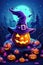 Halloween Pumpkin in Witch Hat Illuminated by Moonlight - Generative AI