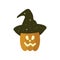 Halloween pumpkin on witch hat, isolated on white background