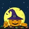 Halloween pumpkin in the witch hat smiles. Near by two pumpkins, a full moon at night, sweets and leaves, volatile vampires and st