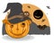 Halloween pumpkin in witch hat and spider