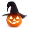 Halloween pumpkin with witches hat