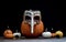 Halloween Pumpkin on wood board with homemade plague mask dark background copy space