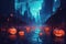Halloween Pumpkins adorn a modern city backdrop, illuminated by mesmerizing neon glows. Generative AI.