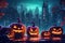 Halloween Pumpkins adorn a modern city backdrop, illuminated by mesmerizing neon glows. Generative AI.