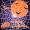 Halloween pumpkins and bats on spiderweb background.