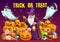 Halloween pumpkins with candies, ghosts, wizard
