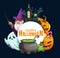 Halloween pumpkins with candies, ghosts, wizard