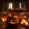 Halloween pumpkins and candles in the house. Square illustration. AI generative