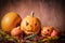 Halloween pumpkins, carved jack-o-lantern in fall leaves