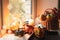Halloween with pumpkins, coffee with marshmallow on windowsill. Stay at home in lockdown. Cozy still-life, furskin, garland