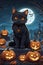 The halloween pumpkins and a cute black cat in a graveyard at a night with moon and bats, printable, cartoon, realistic