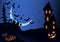 Halloween pumpkins and dark castle on blue Moon background, illustration.