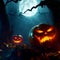 Halloween pumpkins in the dark forest.