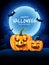 Halloween pumpkins and dark graveyard on blue Moon background with flying bats and ghosts and horrable trees, illustration. Happy