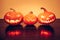 Halloween pumpkins family portrait with shining smile in vibrant orange colors