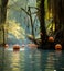 Halloween pumpkins floating in the river surrounded with trees, AI generated illustration