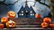 Halloween pumpkins in front of haunted house on stairs , generated by AI