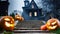 Halloween pumpkins in front of haunted house on stairs , generated by AI