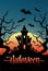 Halloween with pumpkins and gloomy castle on the background of the moon. Vertical banner. Vector