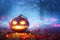 Halloween Pumpkins Glowing In Fantasy Night Forest