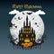Halloween pumpkins head and haunted house castle bat spooky trees witch vector illustration