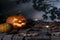 Halloween pumpkins head jack o lantern and candles on wooden table background in a mystic  forest at night.