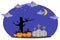Halloween pumpkins heads wearing a black witch hat and a tombstone with a cross on top on a silhouetted background of the trees an