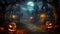 Halloween pumpkins jack o\\\' lanterns glowing in the dark at sunset terrifying image generative ai