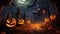 Halloween pumpkins jack o\\\' lanterns glowing in the dark at sunset terrifying image generative ai