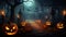 Halloween pumpkins jack o\\\' lanterns glowing in the dark at sunset terrifying image generative ai