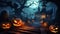 Halloween pumpkins jack o\\\' lanterns glowing in the dark at sunset terrifying image generative ai