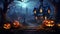 Halloween pumpkins jack o\\\' lanterns glowing in the dark at sunset terrifying image generative ai