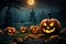 Halloween pumpkins and jack o lanterns welcome October against an orange backdrop